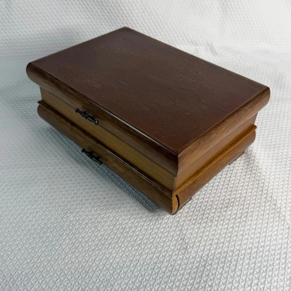London Leather VTG Wooden Musical Jewelry Box Mirror Drawer Mid-Century WORKS